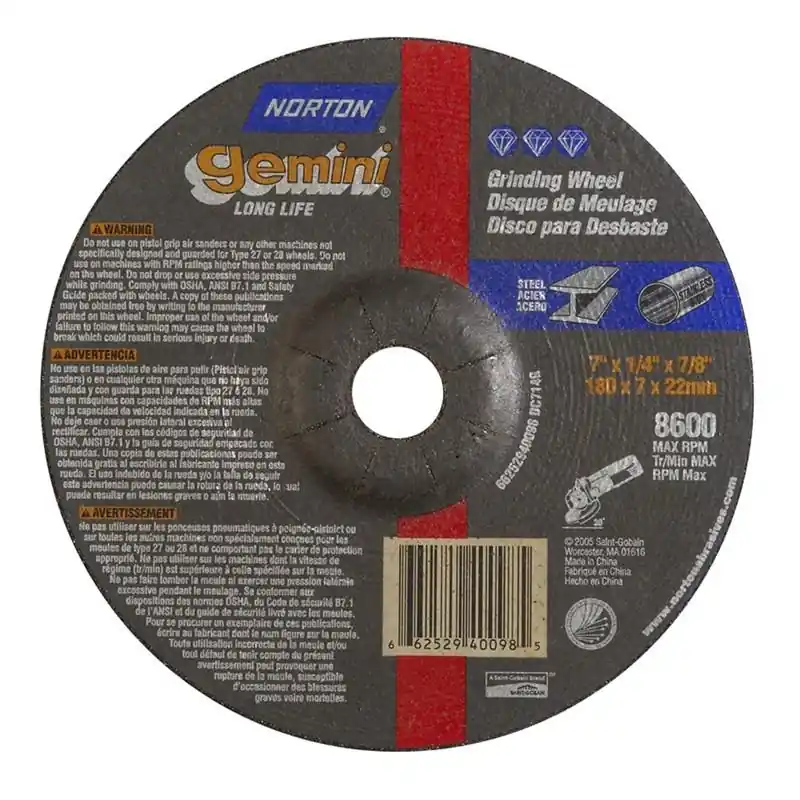 Norton 66252940098 Grinding Wheel Type 27 - Metal - Gemini Aluminum Oxide - 7 x 1/4 x 7/8