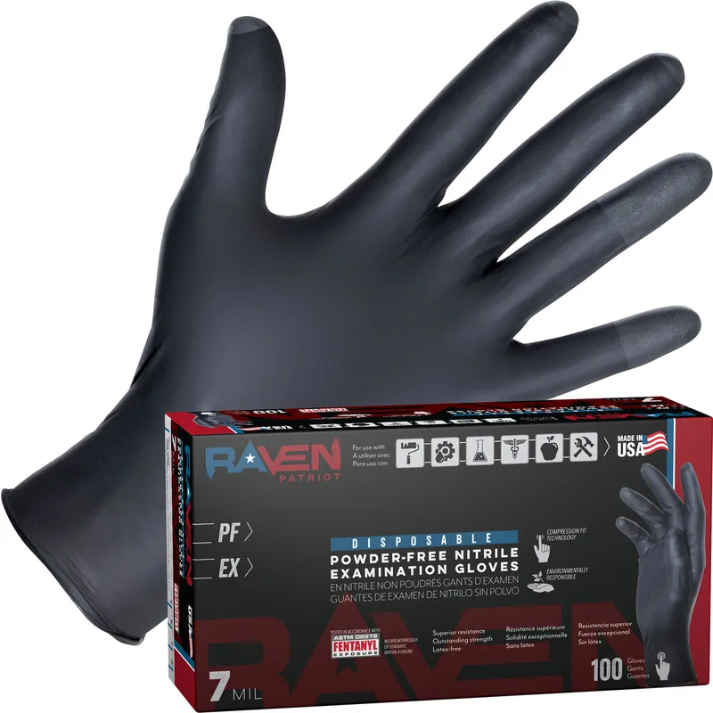 SAS Safety 66484 Raven Patriot Powder-Free Exam Grade Nitrile Disposable Gloves - 7 Mil - 100PK