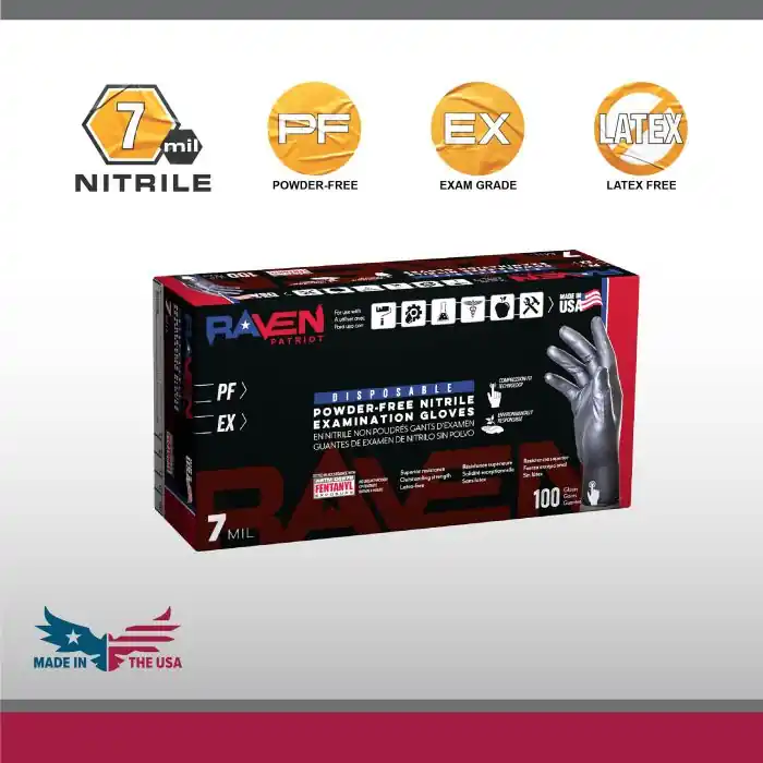 SAS Safety 66483 Raven Patriot Powder-Free Exam Grade Nitrile Disposable Gloves - 7 Mil - 100PK