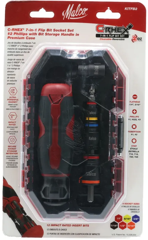 Malco KITFB2 C-RHEX 7-in-1 Flip Bit Socket Set Service Kit with Storage Handle in Premium Case