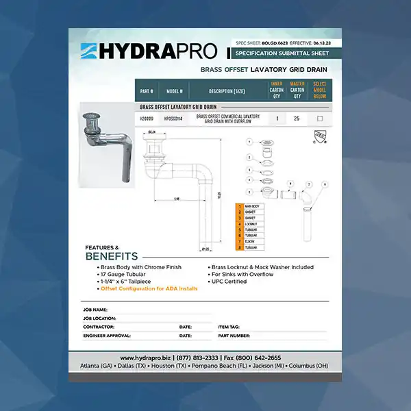 HYDRAPRO H20009 Brass Offset Grid Drain
