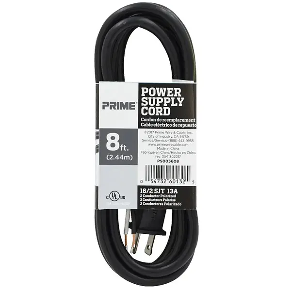 PRIME WIRE & CABLE PS005608 Replacement Power Supply Cord 125 V 8 ft