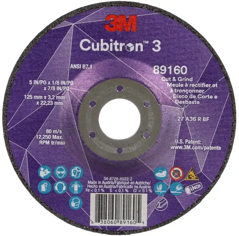 3M 7100305151 5 inches X 1/8 inches X 7/8 inches Cubitron 3 36+ Grit Ceramic Grain Type 27 Depressed Center Combination Wheel