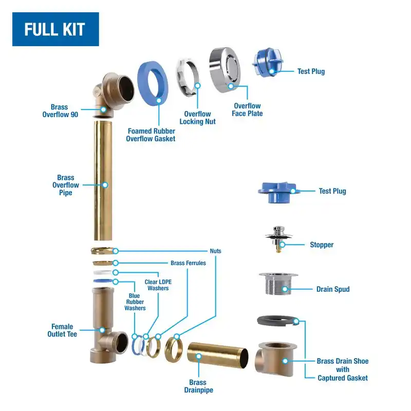 OATEY 178850CPS Dearborn True Blue Brass Bath Waste Full Kit with touch-toe Stopper and Test Kit (Solder)