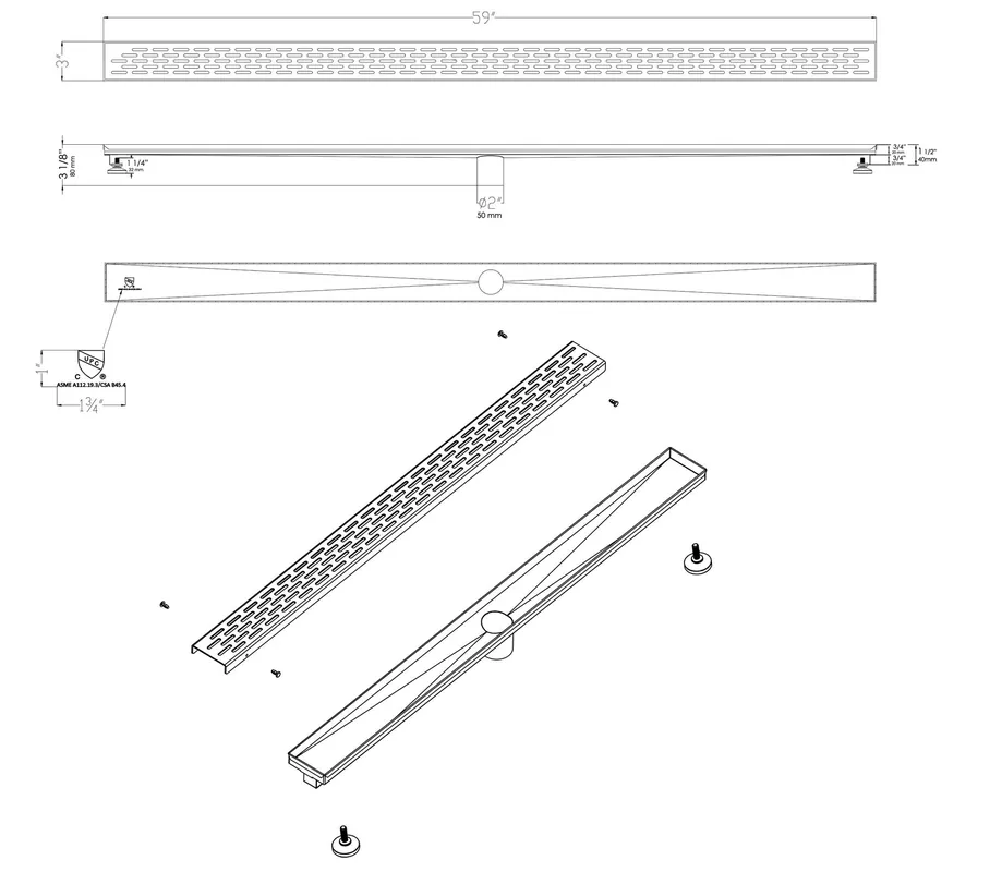 Alfi ABLD59C-BSS Brand 59 Inches Stainless Steel Linear Shower Drain with Groove Holes