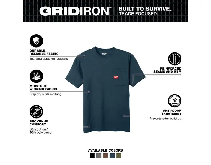 MILWAUKEE 605BL-M Men's GRIDIRON Cotton/Polyester Short-Sleeve Pocket T-Shirt - Medium