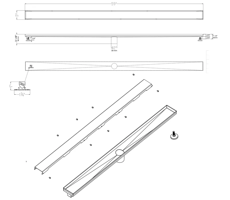 ALFI ABLD59B-BSS Linear Shower Drain 59 Inch