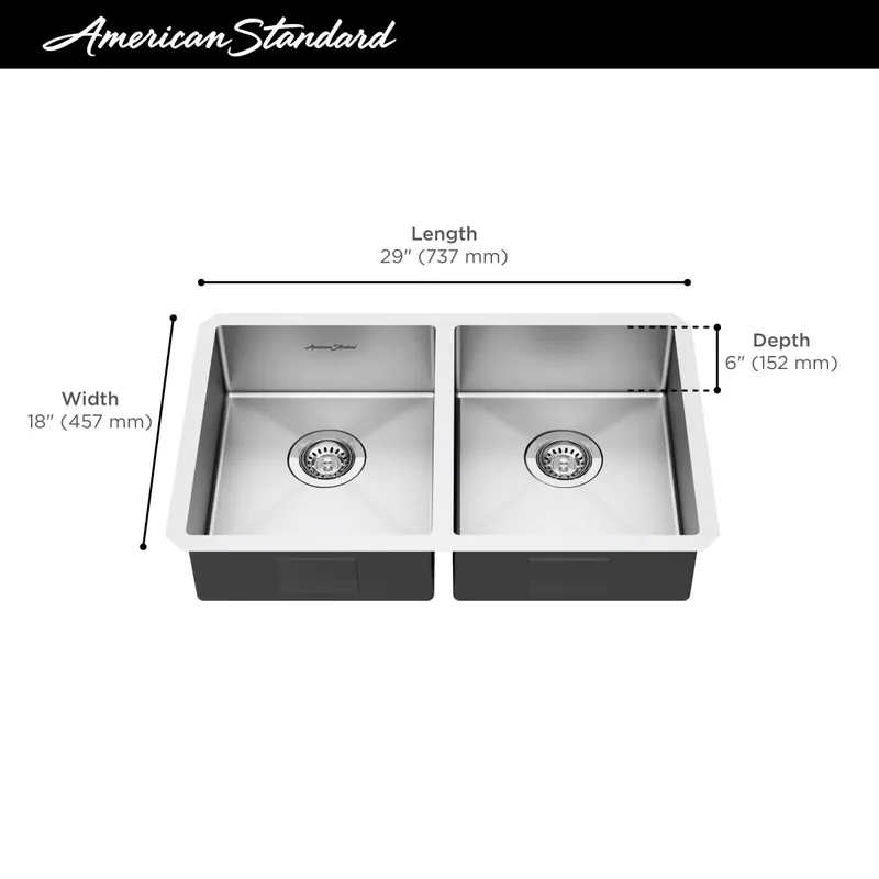 American Standard 18DB6291800.075 Pekoe 29 x 18 in. No Hole Stainless Steel Double Bowl Undermount Kitchen Sink