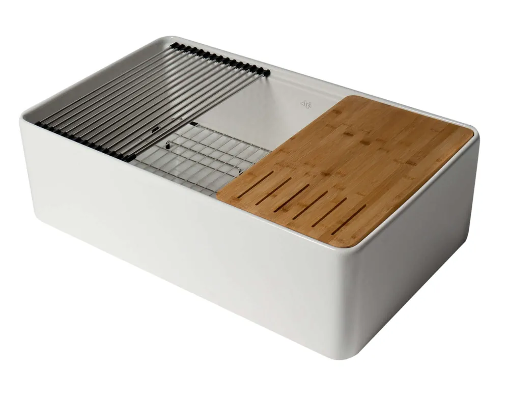ALFI ABFS3320S-W 33 in. Step Rim Farmhouse/Apron-Front Single Bowl Fireclay Kitchen Sink Workstation /w Accessories