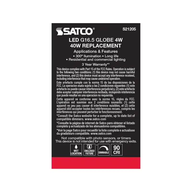 Satco S21205 4g16.5/led/cl/930/120v 4 Watt G16.5