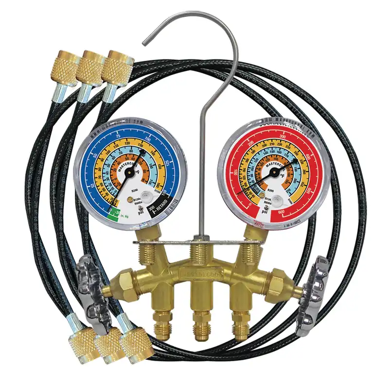Mastercool 33518-TP R600a, R290, R134a 2-Way Brass Manifold Gauge Set with Thermoplastic Service Hoses