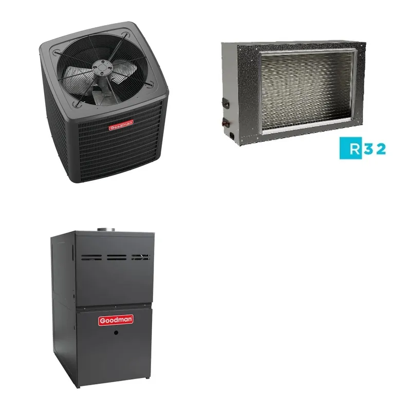 GOODMAN GLXS4BA6010+CSCT6012L3+GR9S800805CU - 5 Ton Ducted Air Conditioner & Gas Furnace System - R-32